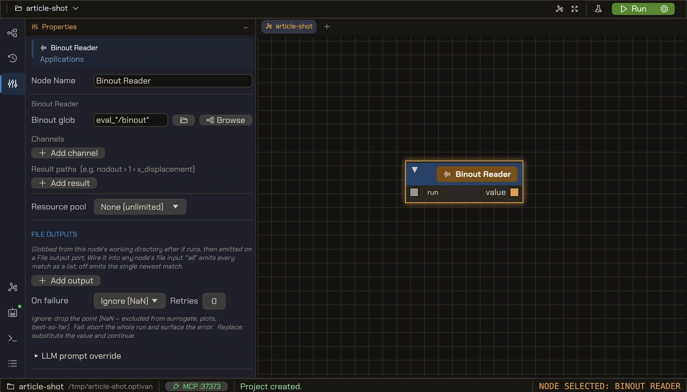 A declarative result reader node: a glob pattern locates each run's results, channels are picked from a browser, and each becomes an output pin.