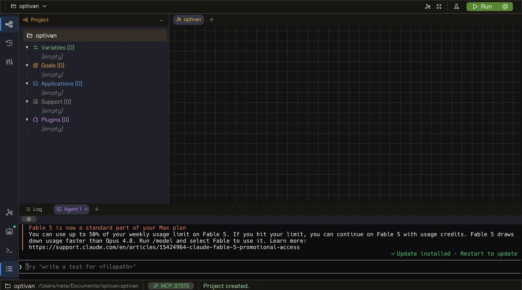 The Optivan workbook with a live AI session in the bottom dock, connected to the workbench over MCP.